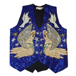 Vtg‎ Christmas Sequin Vest Medium Angel Dove Holiday Party Y2K Glam Fancy Fairy